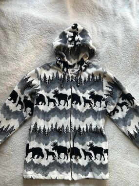 Kids Grey & White Moose and Bear Fleece Zip Hoodie